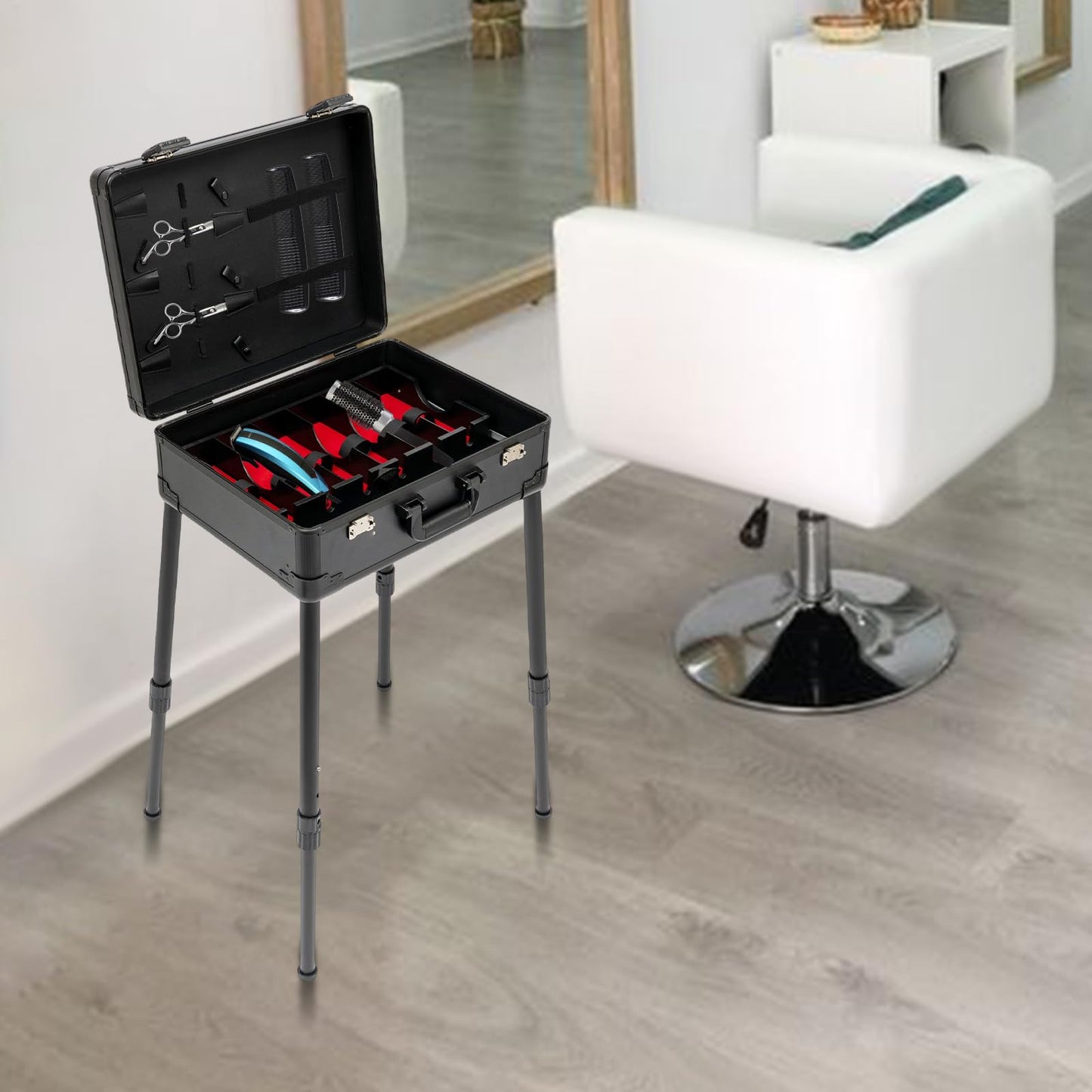 XUFOPLY Mobile Barber Station, Professional Barber Toolbox Floorstanding Barber Carrying Case with 18.11-31.5in Adjustable Height Legs & TSA Lock for Barbershop, Hair Salon (Black)