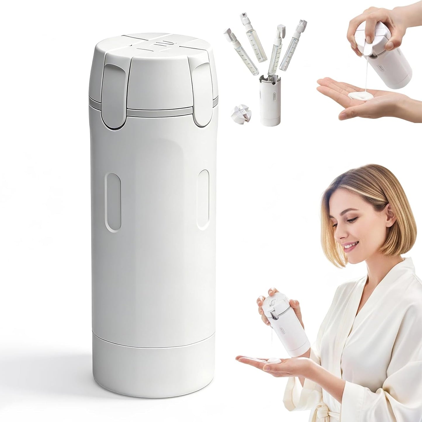 Travel Dispenser Bottle - 4 in 1 Leak-Proof Toiletries Container | Compact Shampoo & Conditioner Set (White)