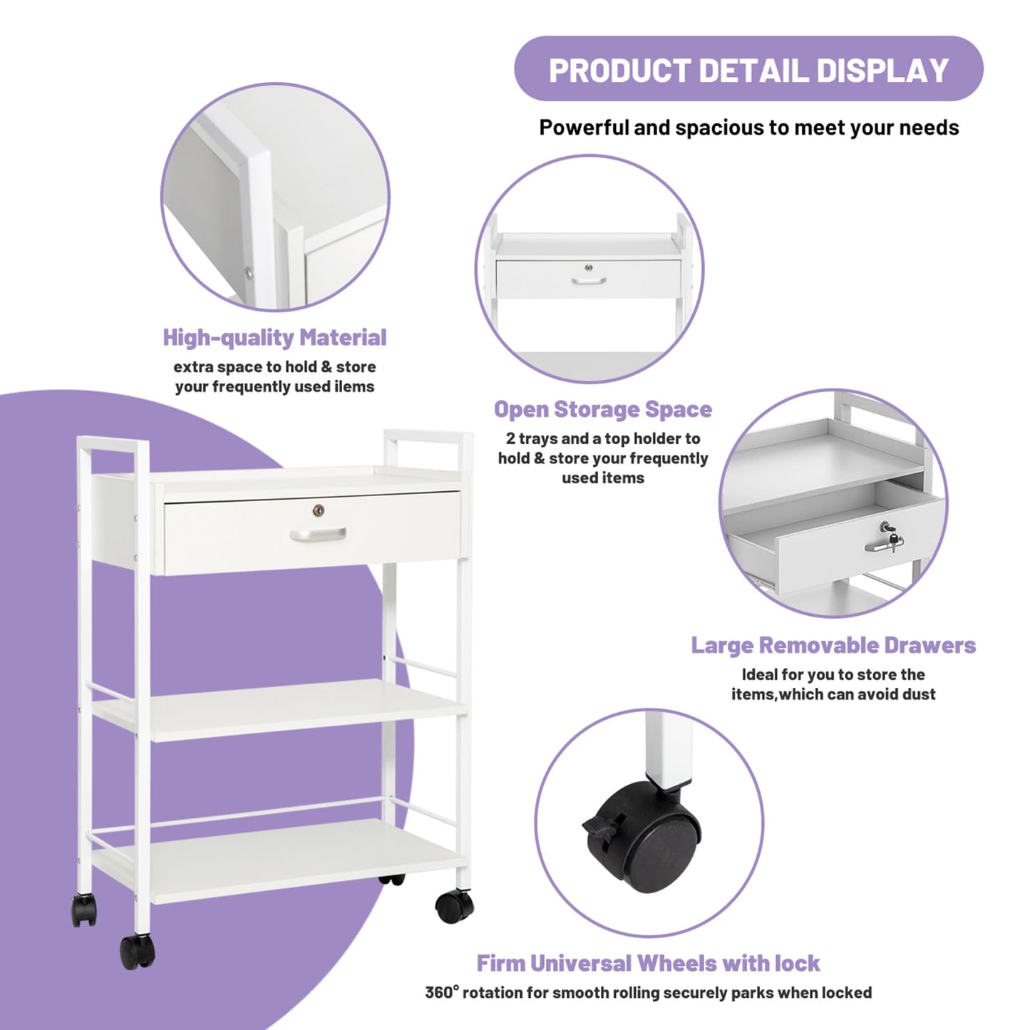 biosp Salon Trolley Cart, 3 Tier Trolley On Wheels, Wooden Medical Dental Esthetic Mobile Utility Cabinet with Steel Frame, White Rolling Storage Station with 1 Lockable Drawer for Spa, Massage