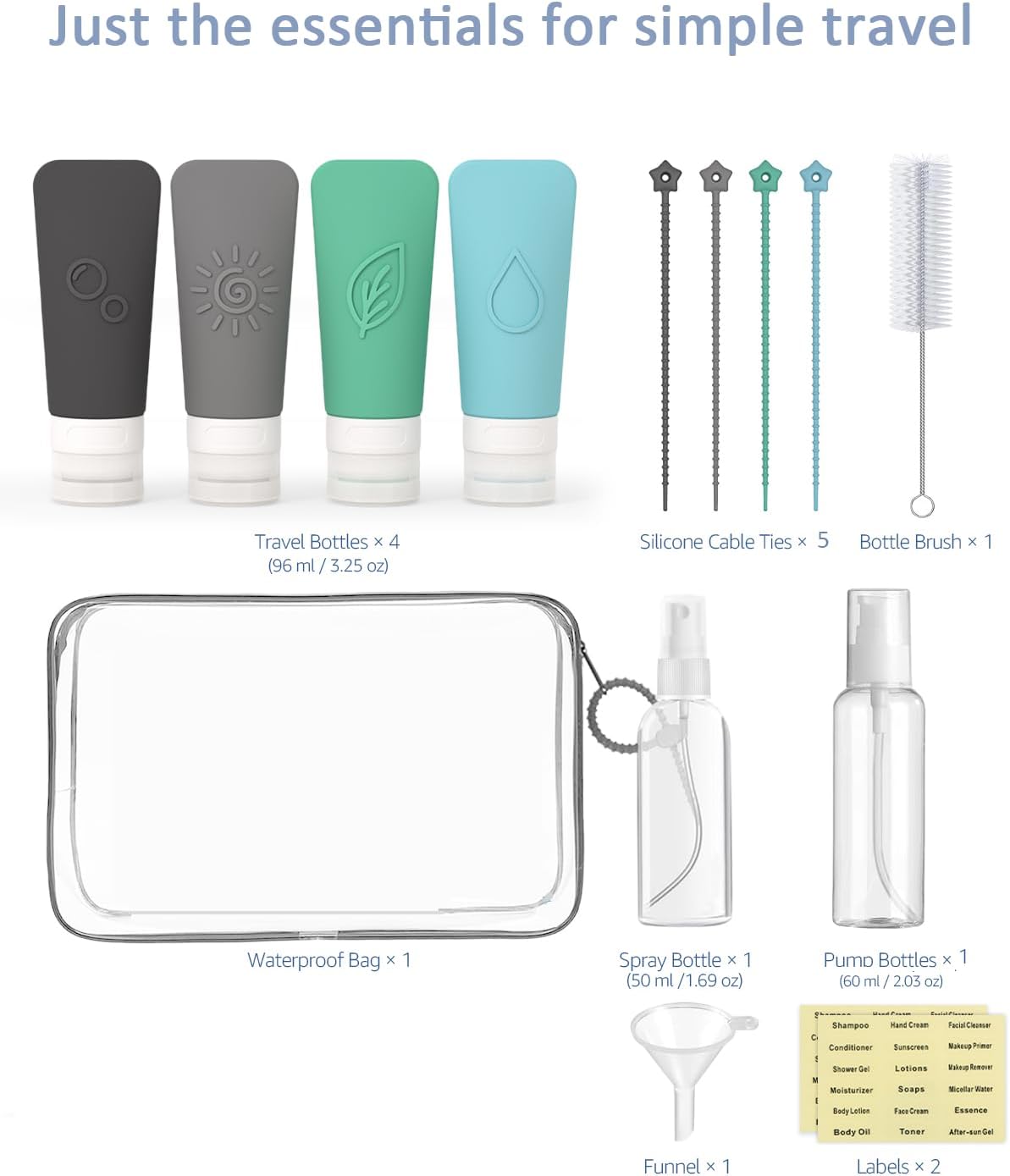 Silicone Travel Bottles Set - TSA Approved Leakproof Toiletry Kit with Easy-Squeeze Design | 16-Piece Waterproof Bag Included