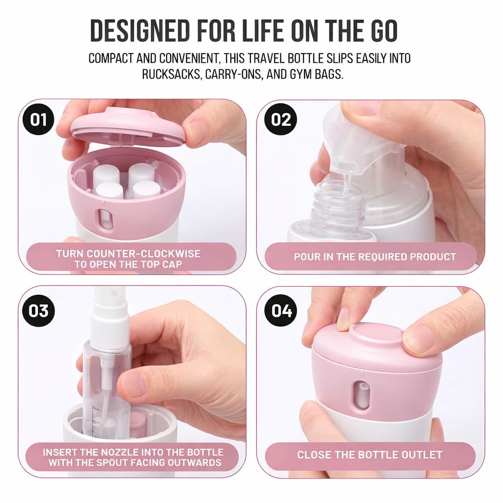 Travigo 4-in-1 Travel Dispenser Bottle, TSA Approved, Leak Proof, Four Reusable 1.4 oz. (40 mL) Toiletry Containers for Shampoo, Conditioner, Soap, Lotion, Skincare (Pink)