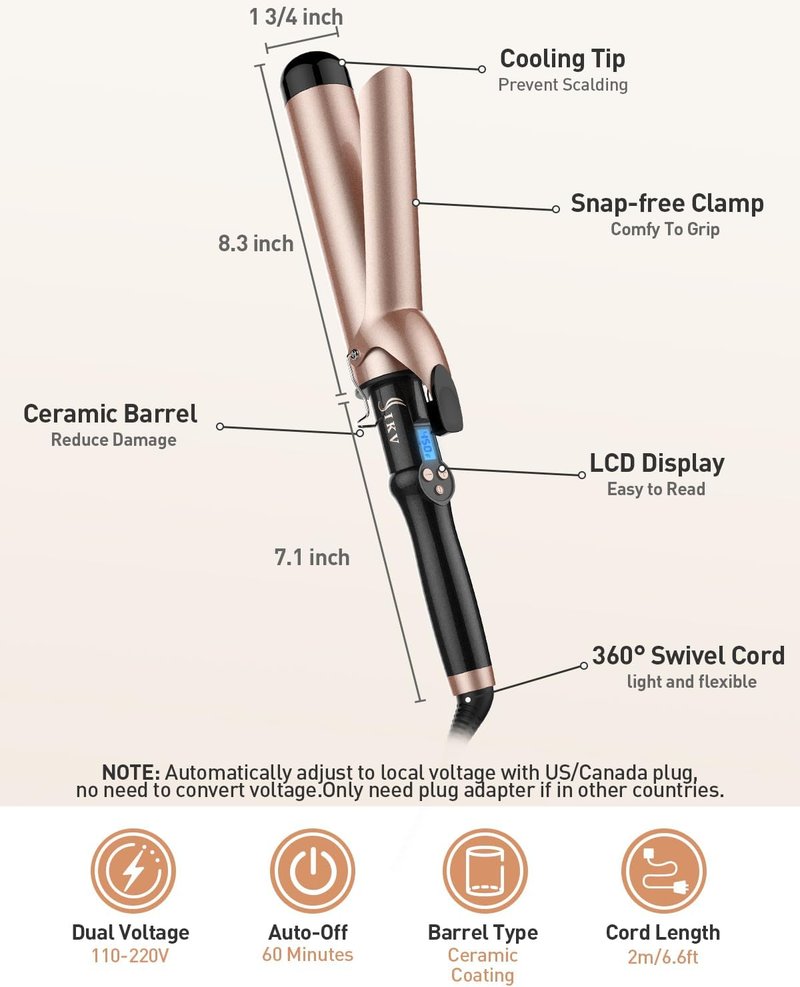 Extra Large Barrel Curling Iron - Ceramic Tourmaline Wand for Long Hair | Dual Voltage, 11 Heat Settings