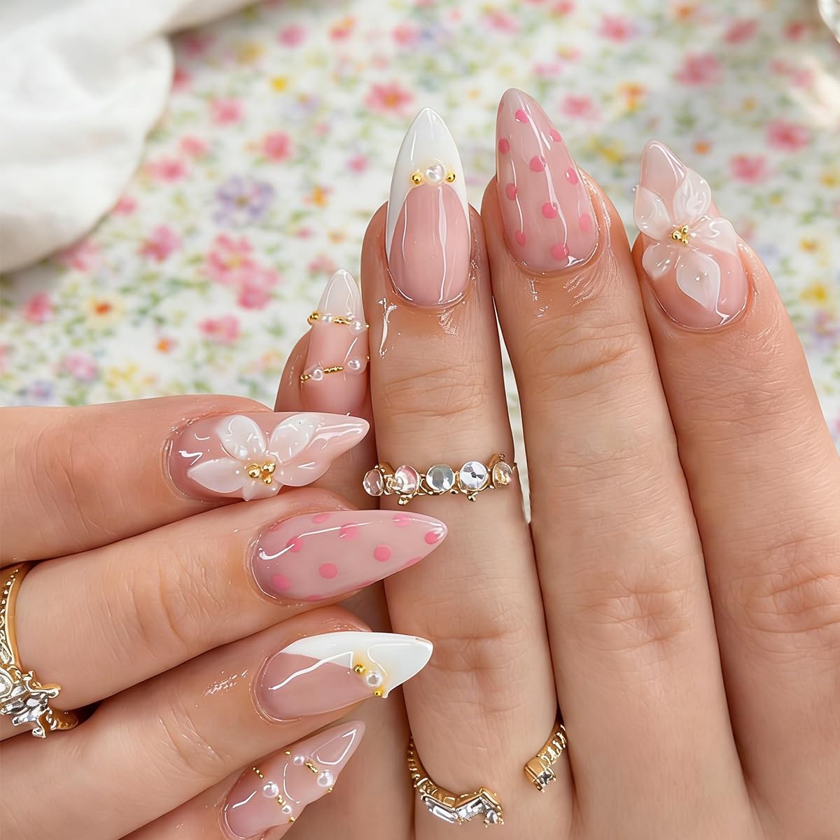 Flower Press On Nails - 24Pcs Short Almond Acrylic Set with 3D Pearl Floral & Gold Chrome Design | Glossy Pink Full Cover