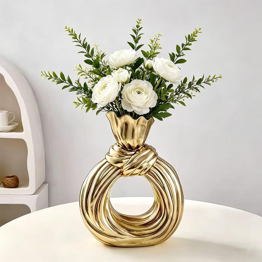 Gold Resin Hollow Ring Vase - Knot-Shaped Bud Vase for Flowers | Tabletop Wedding Centerpiece Home Décor