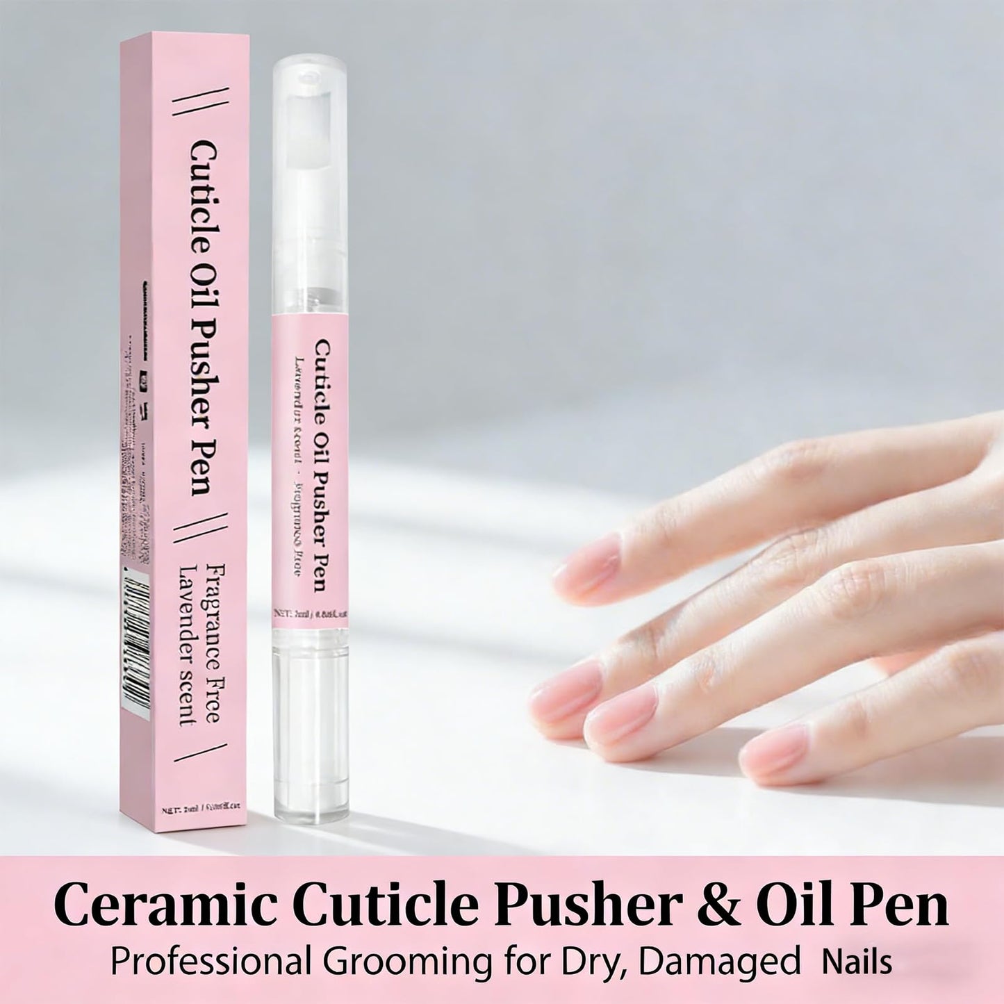 Ceramic Cuticle Pusher & Oil Pen - Professional 2-in-1 Care for Dry, Damaged Nails & Hangnails, Gentle Remover Pen with Nourishing Oil to Moisturize & Strengthen (2 Pack)