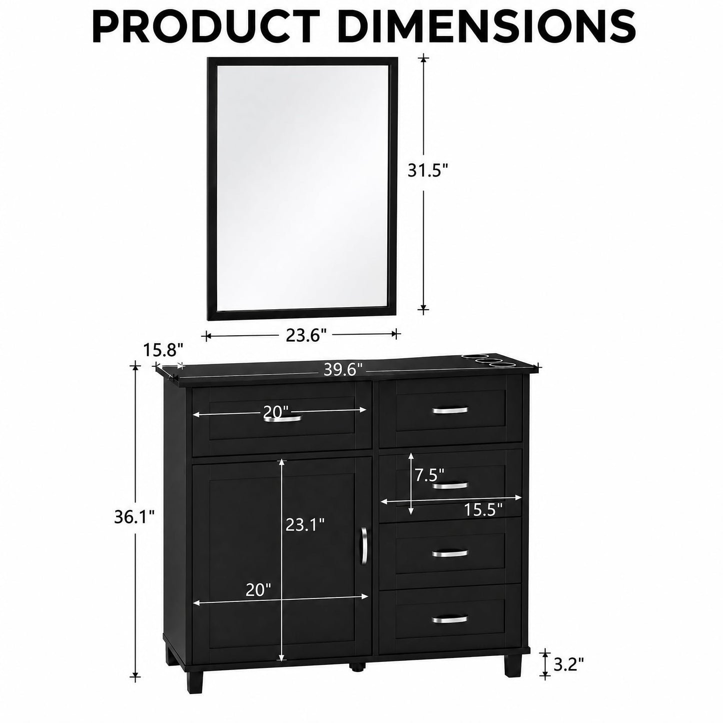 THINK 30 Salon Station, Barber Station, with Wall-Mount or Cabinet-Mount Mirror, Drawers, for Hair Salon, Barber Shop, Beauty Spa, Black