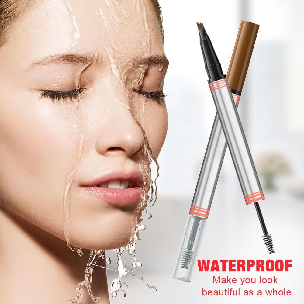 Eyebrow Pencils for Women, 2-in-1 Eyebrow Pen with Gel, 3D Microblading Eyebrow Pencil with 4 Tip & Eyebrow Brush, Waterproof Long-Lasting (Dark brown)