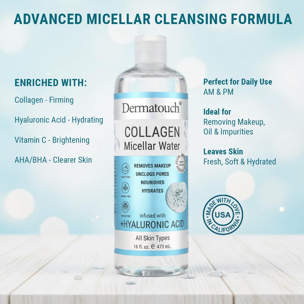 Dermatouch Collagen and Hyaluronic Acid Micellar Water, Daily Toner and Makeup Remover With Vitamin C and Aha/Bha, Nourishing Formula, Gentle for All Skin Types, Clean Skin Care, Made in USA, 16 Fl Oz