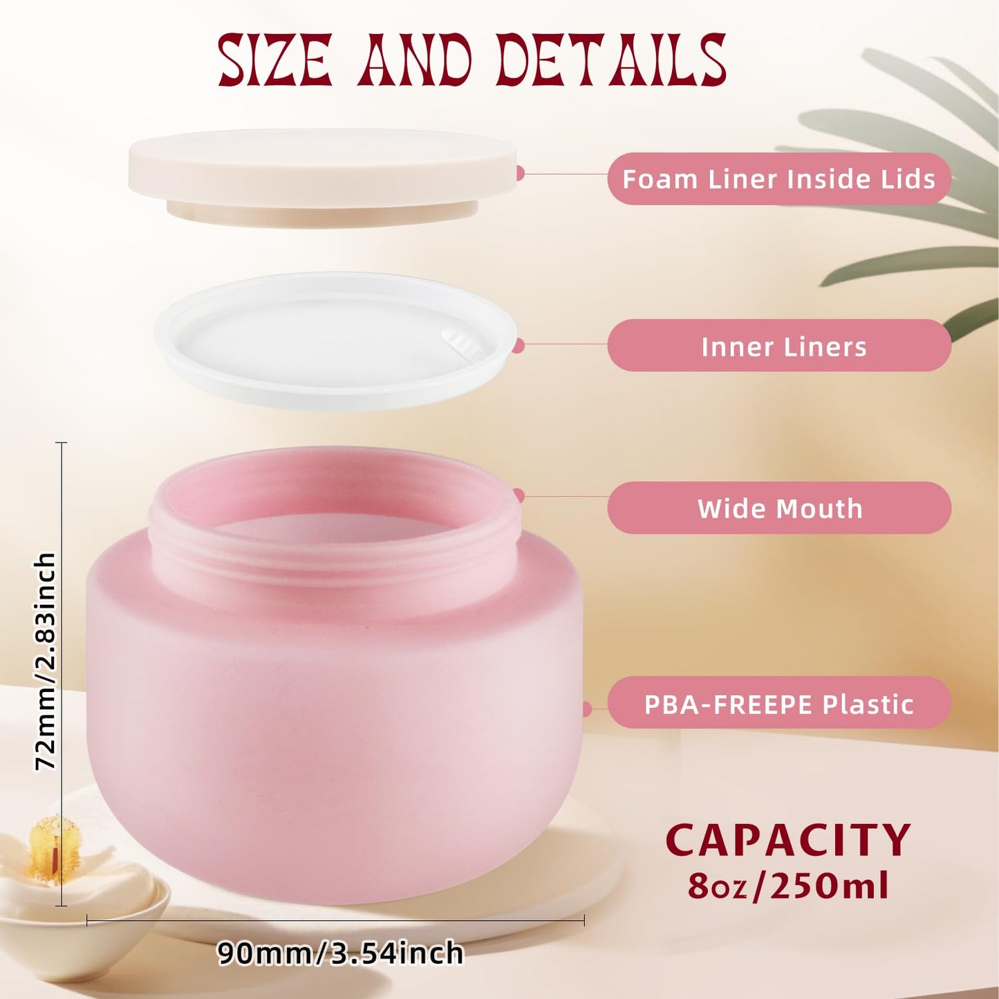 6 Pcs 8oz/250g Empty Plastic Jar Wide Mouth Cosmetic Container With Lids Refillable Travel Storage Container For Lotion Cream Body Butter Powder Ointments Samples Beauty Products etc (Pink)