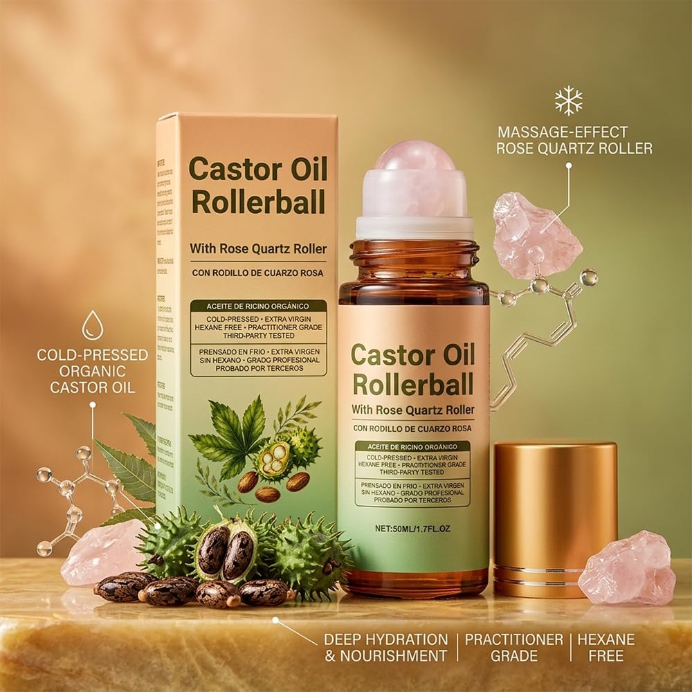 Castor Oil with Rose Quartz Roller - 100% Cold Pressed Moisturizing Oil for Face, Body & Hair | 1 Piece