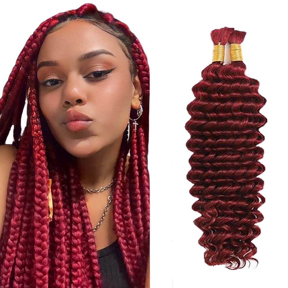 #99J Burgundy Human Hair Braiding Hair For Boho Braids 14 14 14 Inch Burgundy Deep Wave Bulk Human Hair Unprocessed Brazilian Virgin Hair 3 Bundle 50 Gram Per Bundle No Weft Extensions
