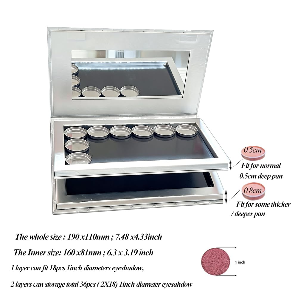 2-Layer Silver Embossed Gold Foil Empty Magnetic Eyeshadow Palette with Mirror and 20pcs Adhesive Stickers, Portable Makeup Storage Case for Standard and Baked Powder Cosmetics, 7.48 x 4.33 Inch