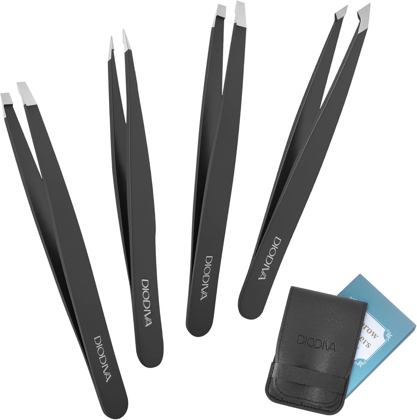 Precision Eyebrow Tweezers Set - 2-Pack Slant & Point Tip Stainless Steel for Hair Removal | Professional Grooming Case - Black