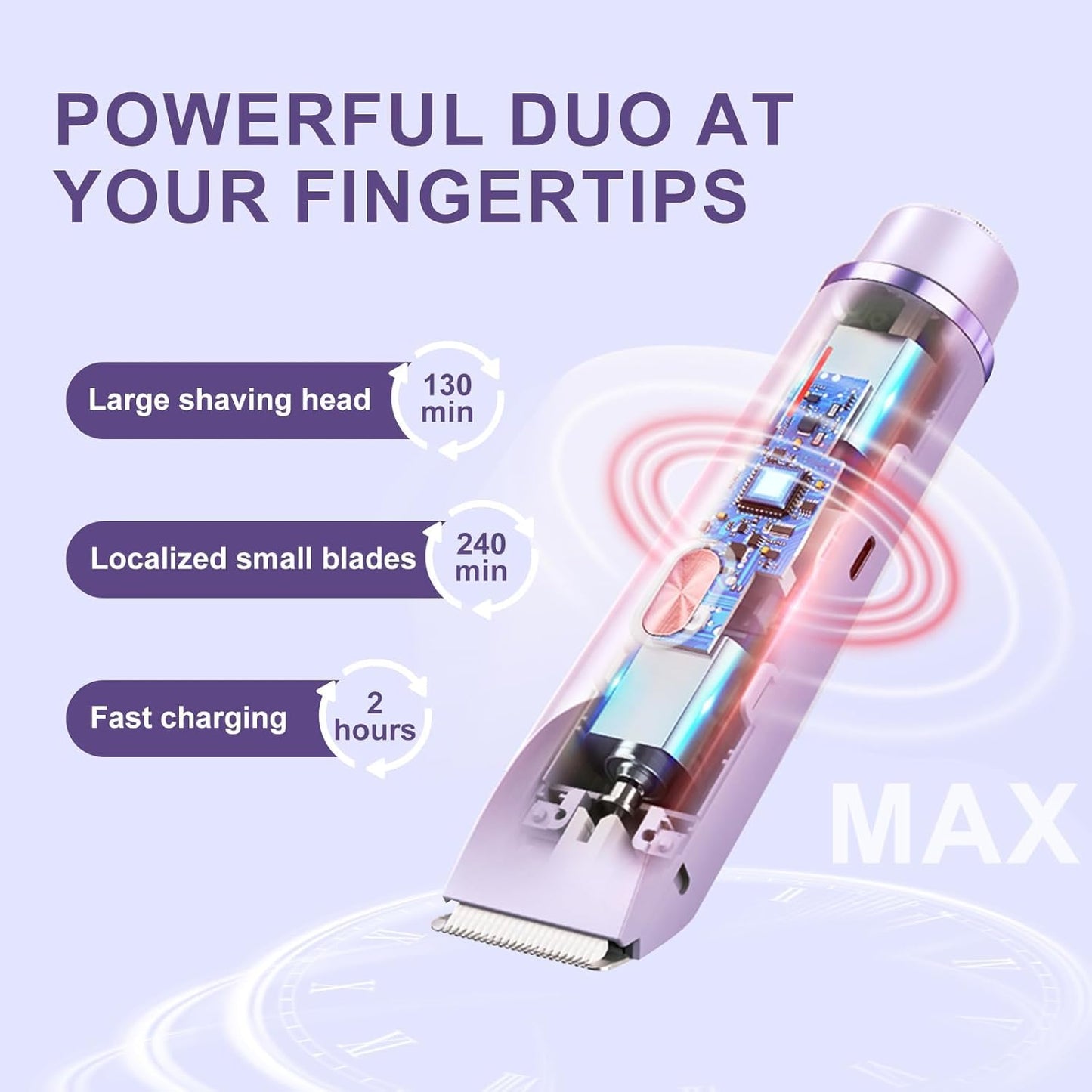 Glow Aura Womens Shaver, 2 in 1 Bikini Trimmer for Women USB Rechargeable, IPX7 Waterproof Wet & Dry Electric Razors, Painless Hair Remover for Bikini Underarm Leg Arm Body Face, Purple