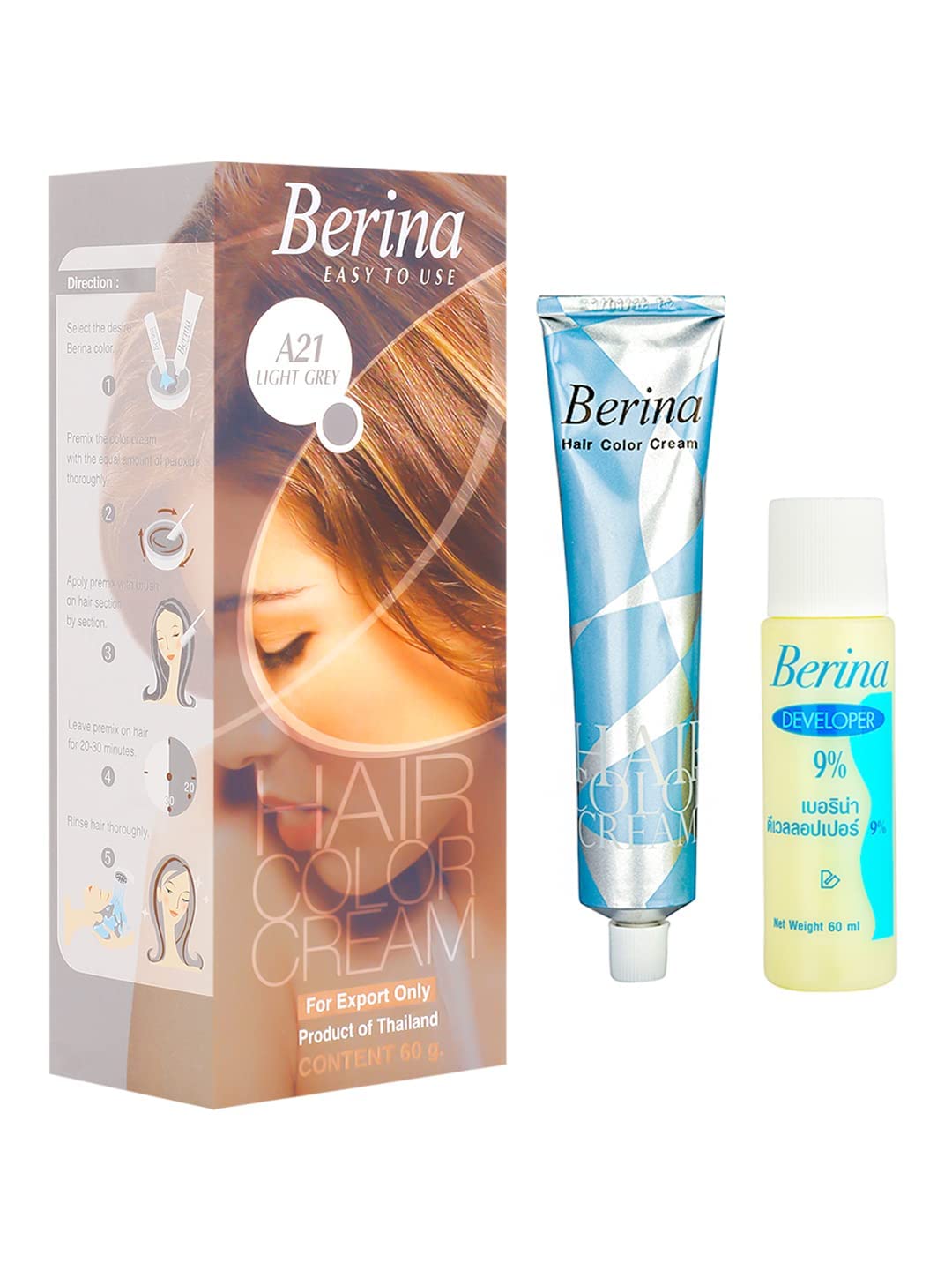 Berina A21 Light Grey Silver Permanent Hair Dye - Unisex Punk Color Cream | Long-Lasting Formula