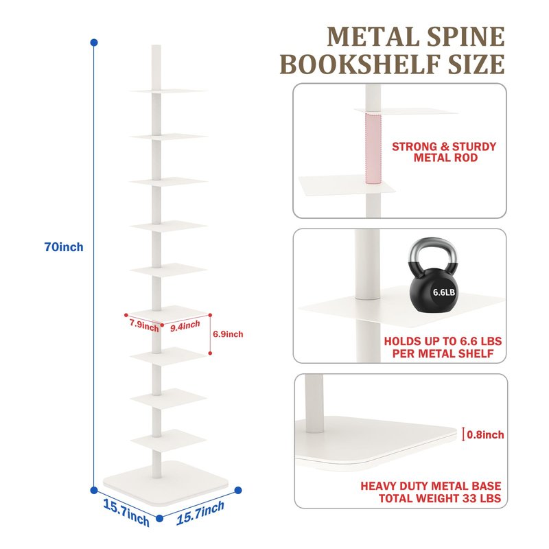 Nynelly 9-Tier Metal Spine Bookshelf - Heavy Duty Vertical Book Tower, White Open Bookcase, Floor Standing Tall Narrow Book Shelf for Small Space Living Room Office Decor, Industrial Book Organizer