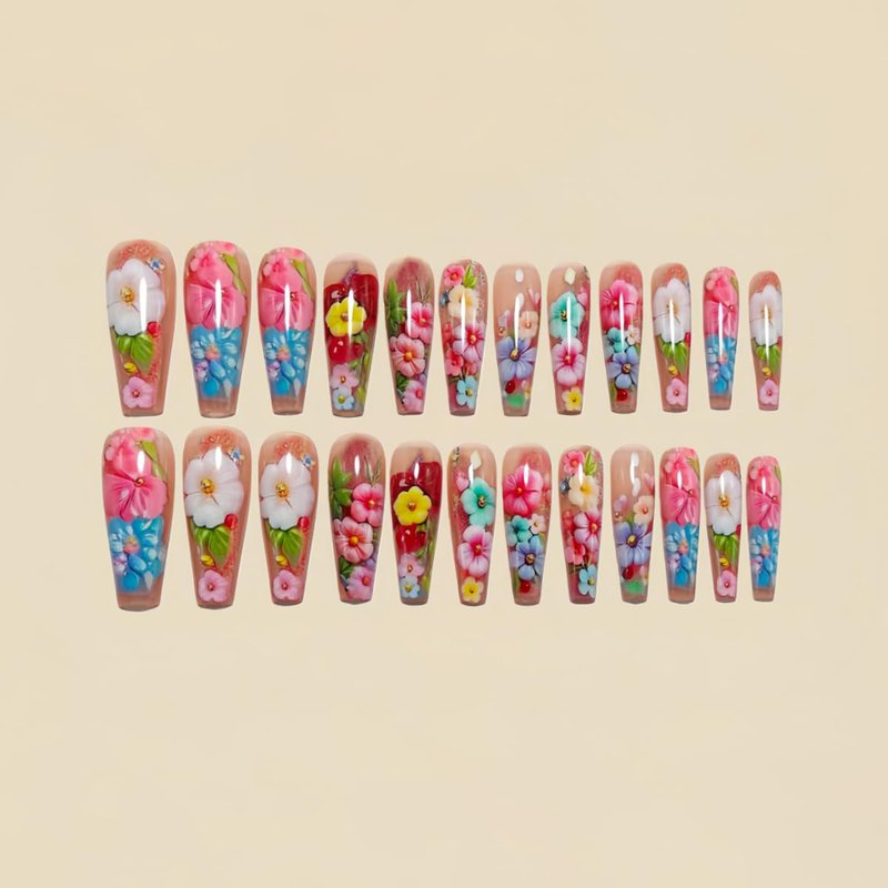 Flower Press On Nails - Medium Ballet Acrylic Nails with Green Leaf Design | 24PCS Full Cover Gel Fake Nails for Spring Manicure
