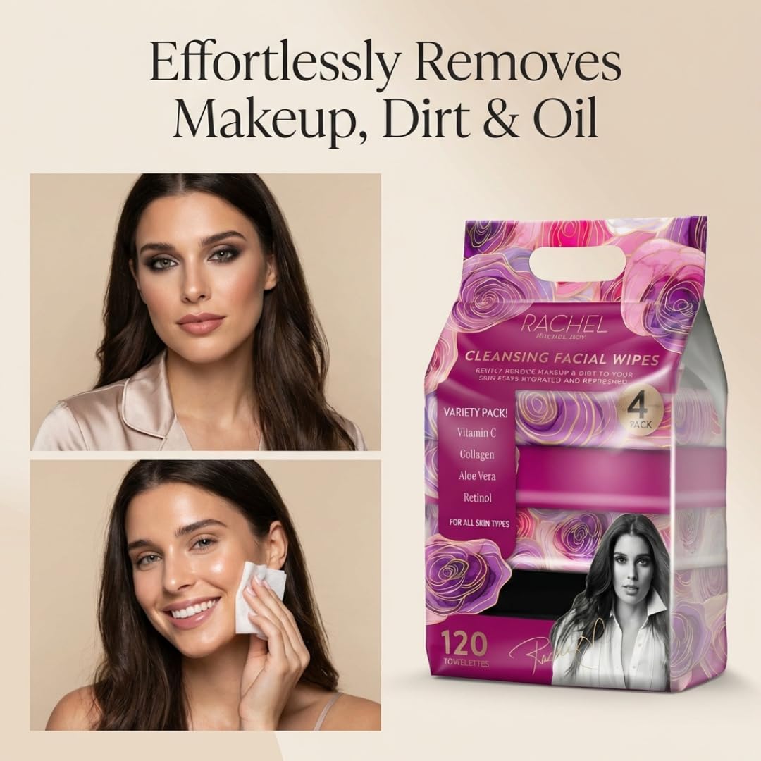 Rachel Roy Face Wipes - Cleansing Makeup Remover Wipes with Vitamin C, Retinol & Aloe Vera | 120 Pack