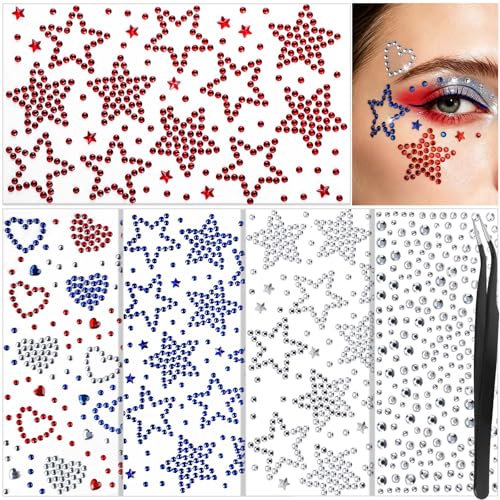 4th of July Face Gems - Red, White & Blue Star Rhinestone Stickers
