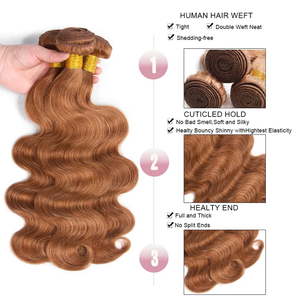 12 14 16 Inch Brown Bundles Body Wave Bundles Human Hair #30 Light Brown Body Wave Bundle Unprocessed Brazilian Virgin Weave Hair 3 Bundle 50 Gram Per Bundle