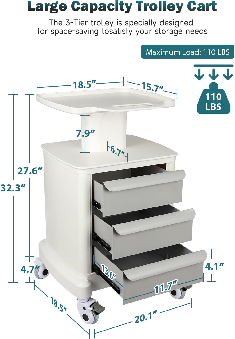 Mobile Trolley Cart - Portable Ultrasound Imaging Scanner Storage | 115 LBS Load, 3 Drawers, 4 Wheels