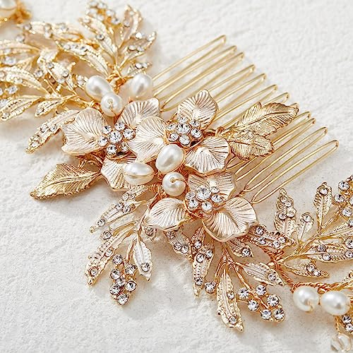 SWEETV Handmade Gold Rhinestone Wedding Hair Comb for Brides