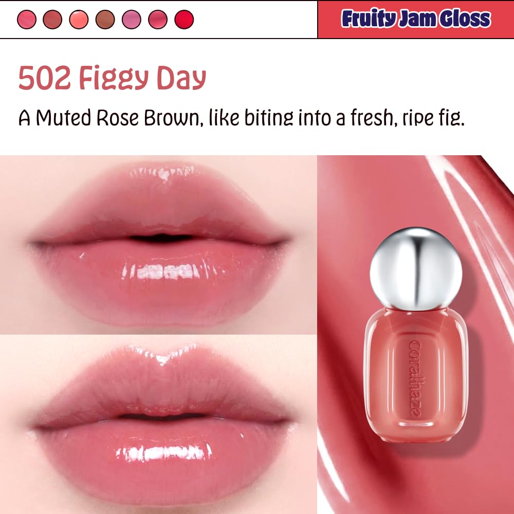 CORALHAZE Fruity Jam Gloss (502 Figgy Day) Watery Glass Lip Tint, High Shine, Non-Sticky, Jelly Glaze, Buildable Long-Lasting Lip Stain, Hydrating Lightweight, Vivid Glassy Korean Makeup