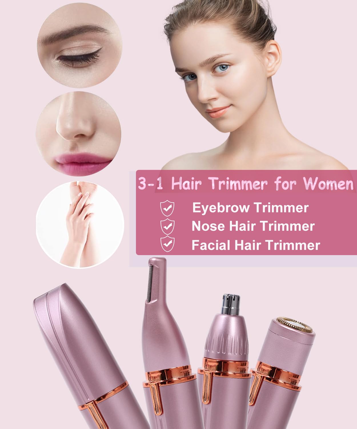 Scienbeauty Nose Ear Hair Trimmer Facial & Eyebrow Hair Remover for Women, 3 in 1 USB Rechargeable Painless Hair Removal Kit with 3 Replaceable Rinseable Grooming Heads