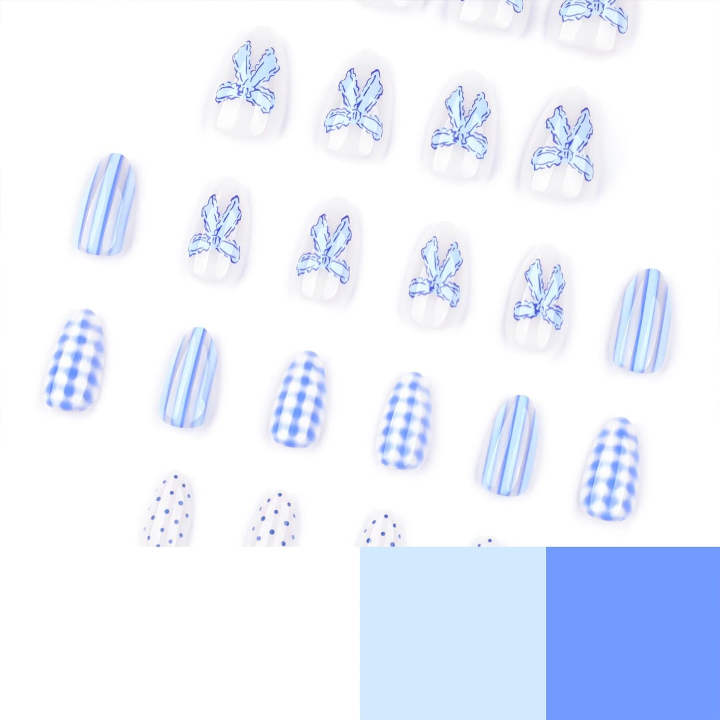 Polka Dot Press-On Nails - Short Almond Acrylic Design with Bow & Plaid Stripes | Blue Summer Reusable Full Cover