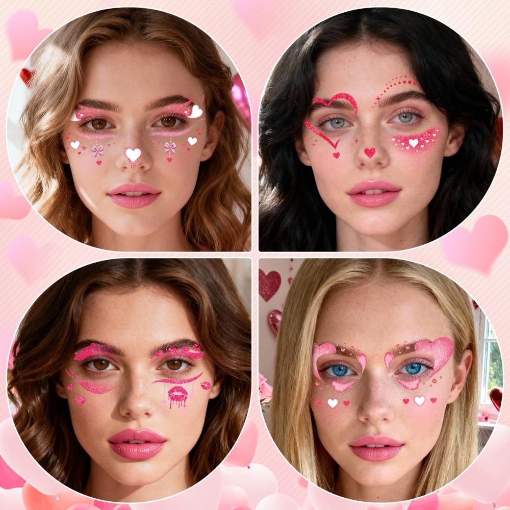 Mother's Day Temporary Tattoos Hearts Bow Blush Face Tattoos Mixed Styles Cartoon Pink Red Love Bowknot Eye Fake Tattoos Cute Stickers Waterproof Face Stickers for Body Art Makeup 10 Sheets