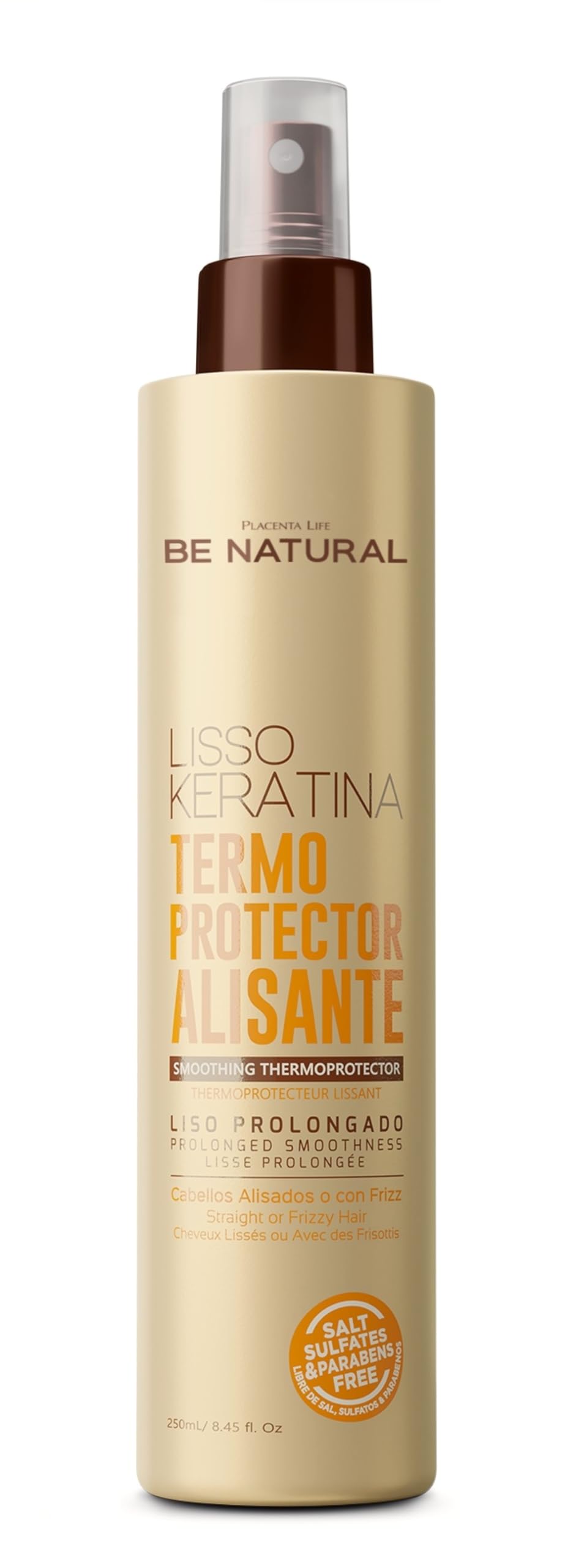 PLACENTA LIFE BE NATURAL LISSO KERATINA Smoothing Thermoprotector for Straight or Frizzy Hair - Protects from heat - Prolonged Smoothness.(250 ml/8.45 fl/oz)