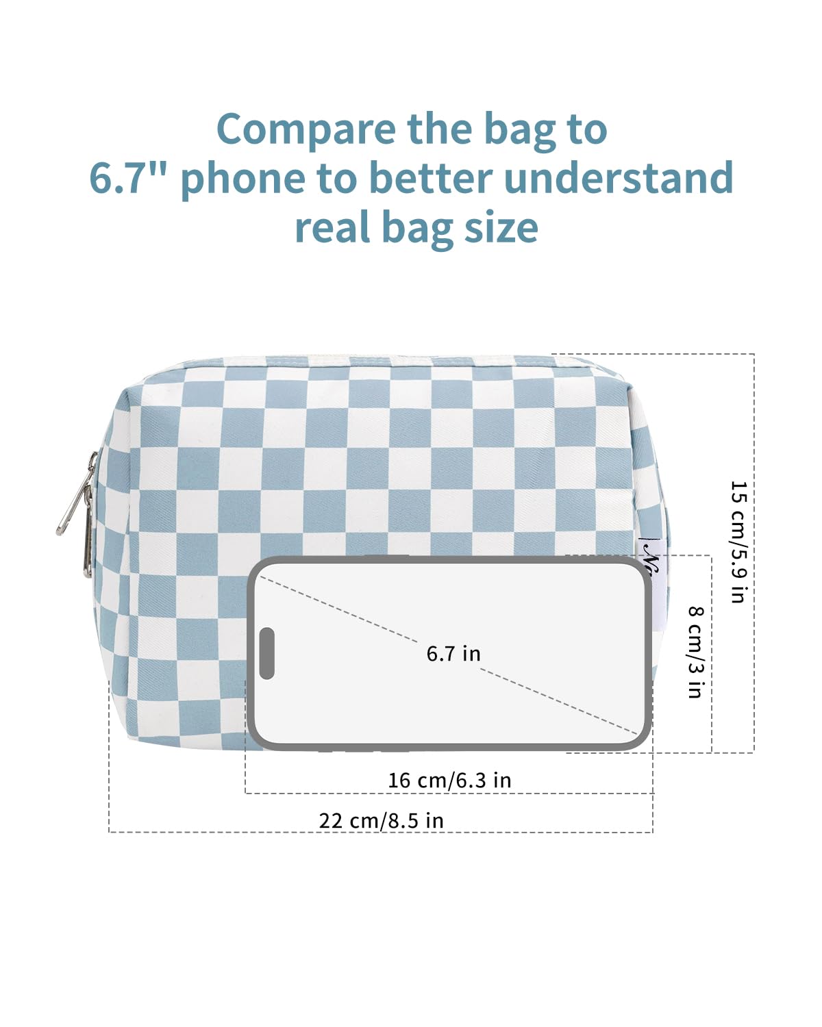 Checkered Makeup Bag - Travel Cosmetic Organizer with Compartments | Large Sky Blue Checkerboard