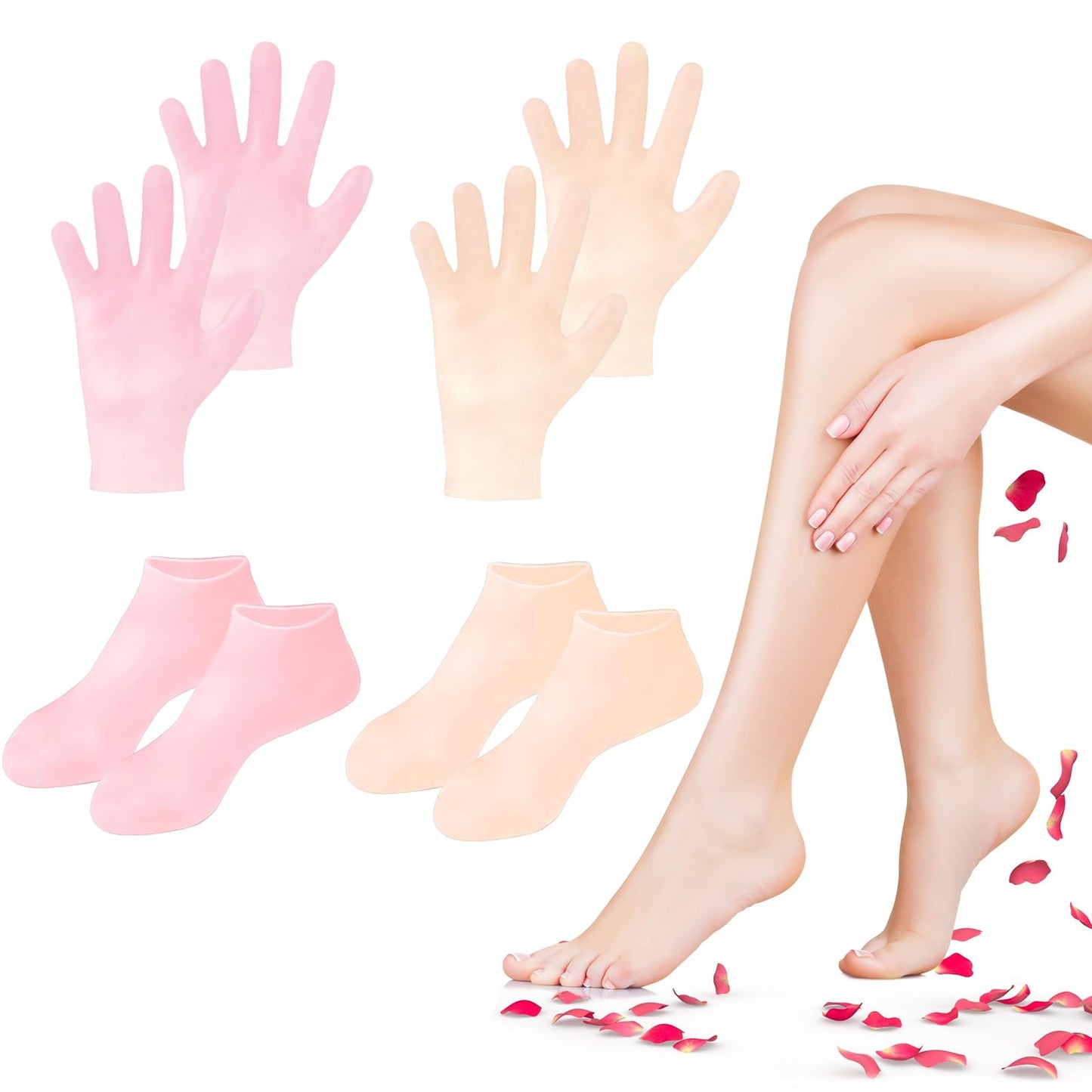 4 Pairs Silicone Socks Gloves Set for Dry Cracked Feet and Hands, Size 10