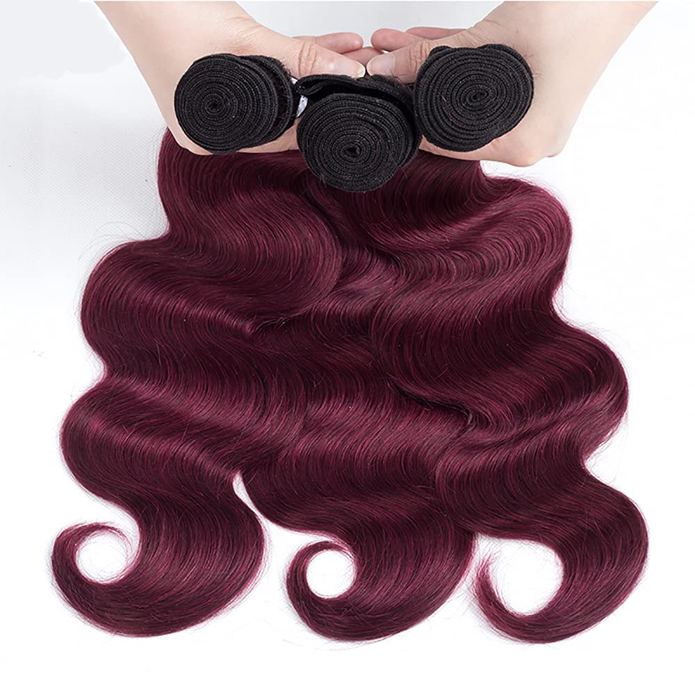 Ombre Human Hair Bundles 1B99J Burgundy Body Wave 3 Bundle 26 28 30 Inch Double Weft 2 Tone Black and Burgundy Bundles Peruvian 8A Virgin Remy Hair Extensions 330g