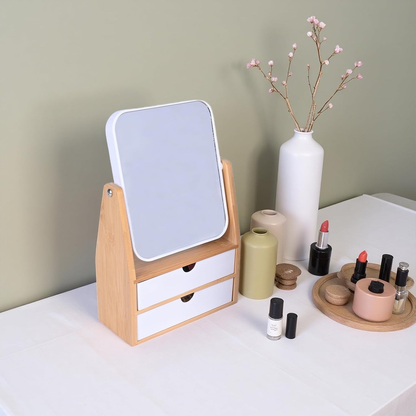 Magnifying Makeup Mirror - 1x/5x Dual-Sided with Bamboo Stand & Jewelry Storage Box | 360° Rotatable, Rectangle