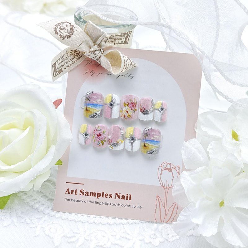 24Pcs Summer Beach Press-On Nails - Short Square White French Tips with Coconut Trees & Rhinestones | Full Cover Glitter Designs