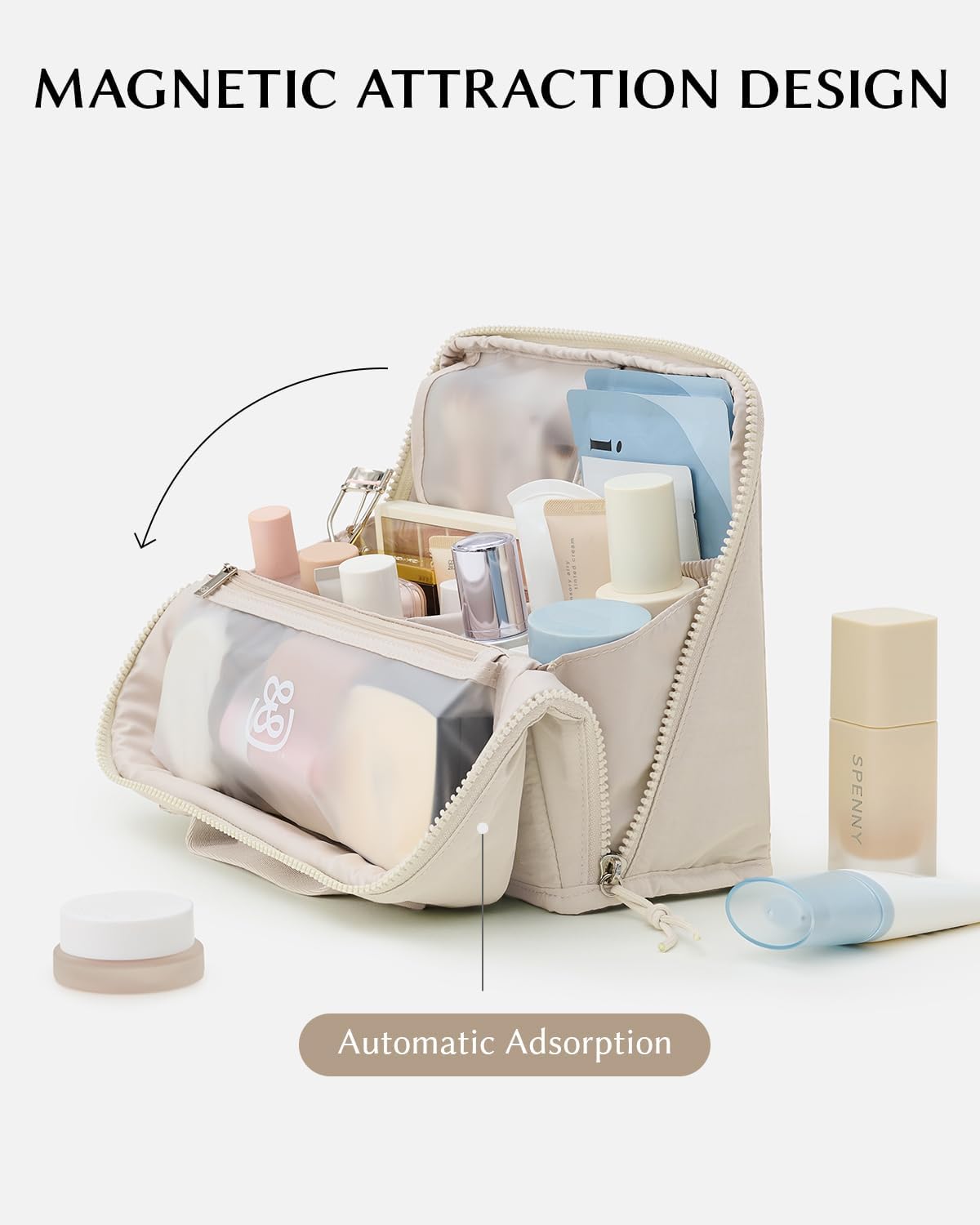 Large Waterproof Makeup Bag - EACHY Cosmetic Organizer with Phone Holder & Detachable Dividers | Wipe-Clean Brush Pouch for Women