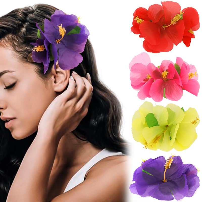 Hawaiian Hibiscus Flower Hair Accessories - 4-Piece Chiffon Barrettes & Pins for Women | Beach Luau Party Decor (Purple/Red/Pink/Yellow)