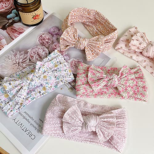 Set of 6 Soft Nylon Baby Girl Headbands with Floral Bows