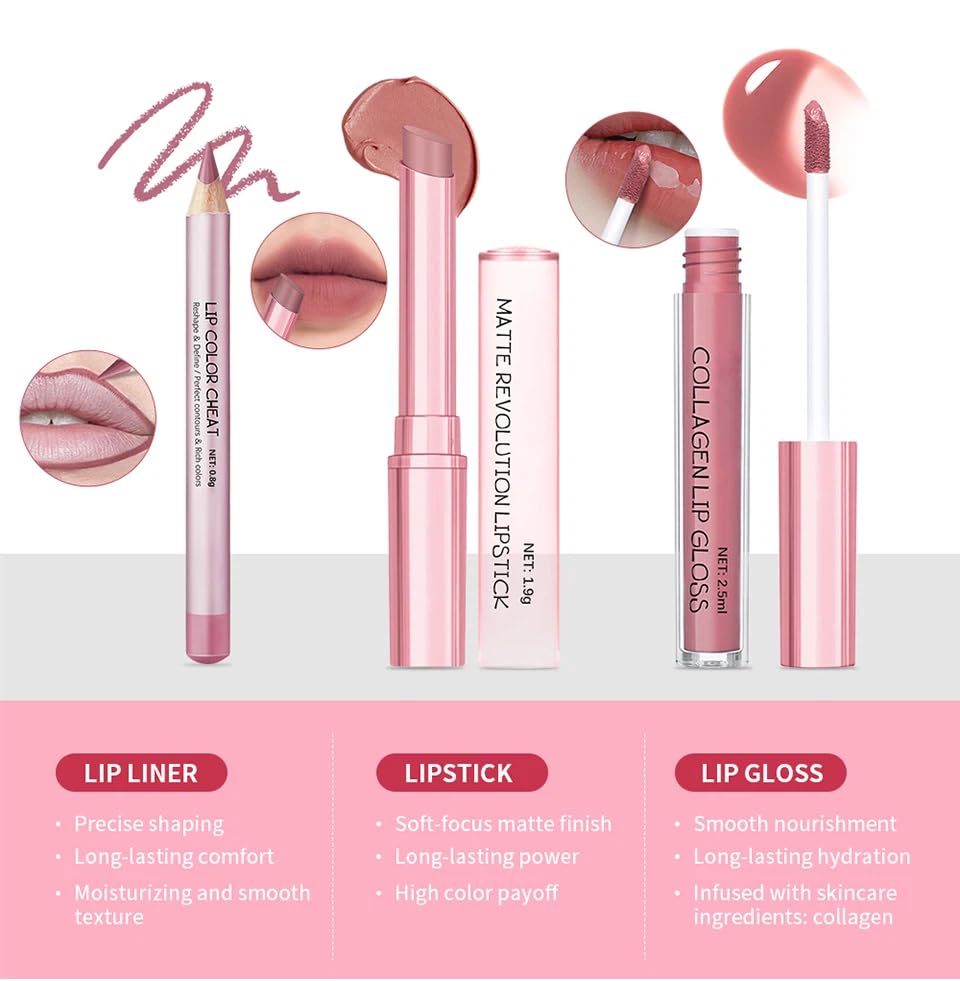 Mauve Rose Lip Makeup Kit - 5-Piece Lipstick, Liner & Gloss Set with Collagen Mask & Plumping Oil | Long-Lasting Dusty Rose Color for All Skin Tones