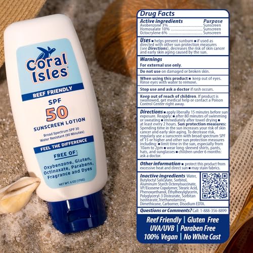 Coral Isles SPF 50 Sunscreen Lotion 6 Fl Oz No Whitecast Water-Resistant Broad Spectrum