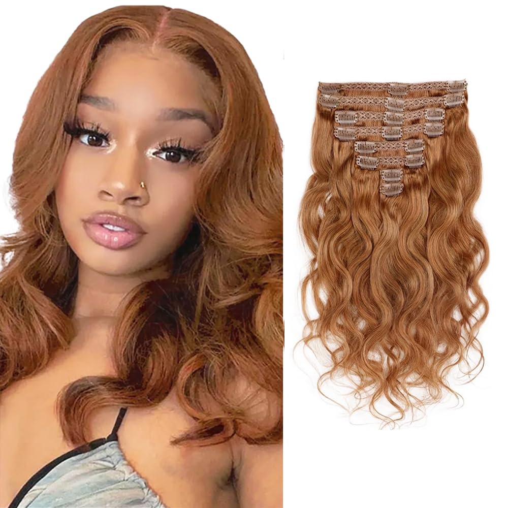 #30 Brown Clip in Hair Extensions Real Human Hair, 14 Inch 120g/7Pcs,Full Shine Remy Human Hair,Light Brown Body Wave Clip ins Brazilian Virgin Human Hair Extensions