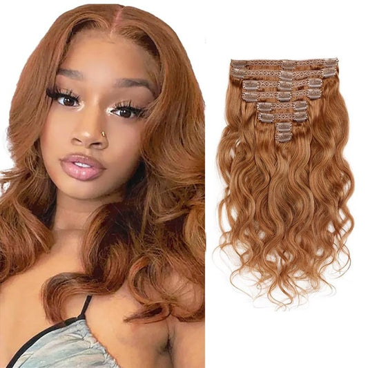 #30 Brown Clip in Hair Extensions Real Human Hair, 14 Inch 120g/7Pcs,Full Shine Remy Human Hair,Light Brown Body Wave Clip ins Brazilian Virgin Human Hair Extensions