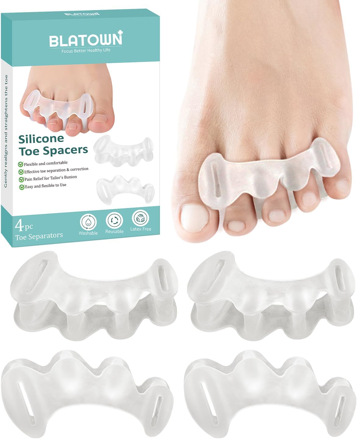 Toe Spacers Silicone Gel Separators - Soft Bunion & Hammer Toe Correctors | Clear, 2 Pairs for Foot Relief