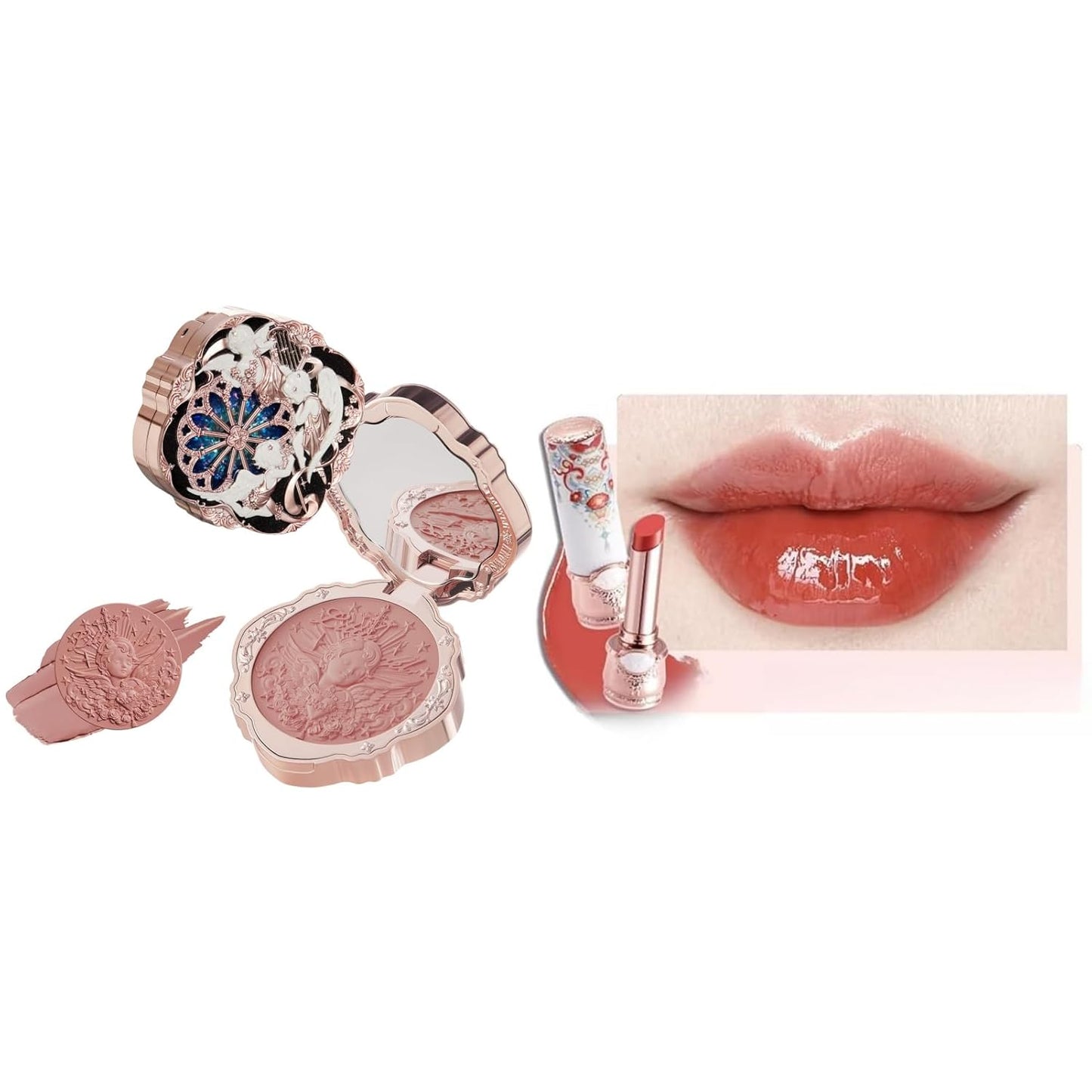 Flower Knows Cream Blush & Lipstick Set | Buildable Dewy Makeup - Blush 04 Rose Ashes & Lipstick C07 Red Bean