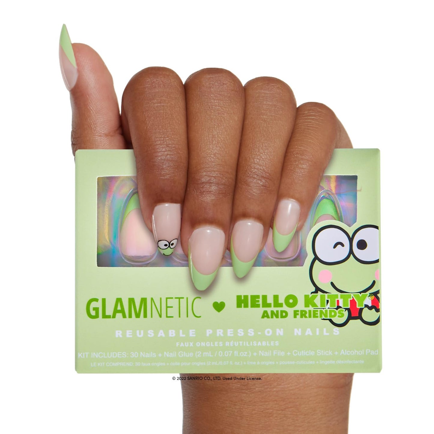 Glamnetic Press On Nails - My Melody™ Short Almond Gold Foil 3D Graphic | 30 Nail Kit with Glue - 15 Sizes Available