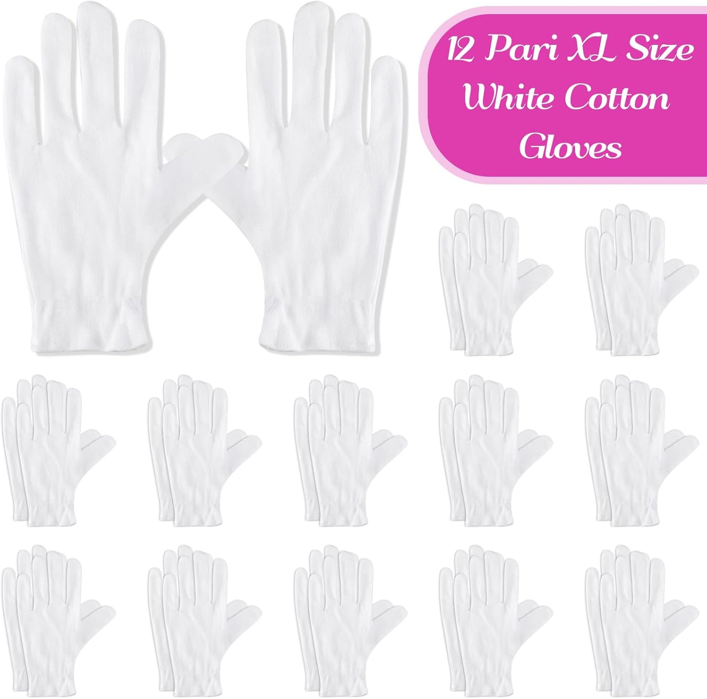 12 Pairs XL White Cotton Gloves for Moisturizing, Eczema Relief & Jewelry Inspection - Hand Spa Essential
