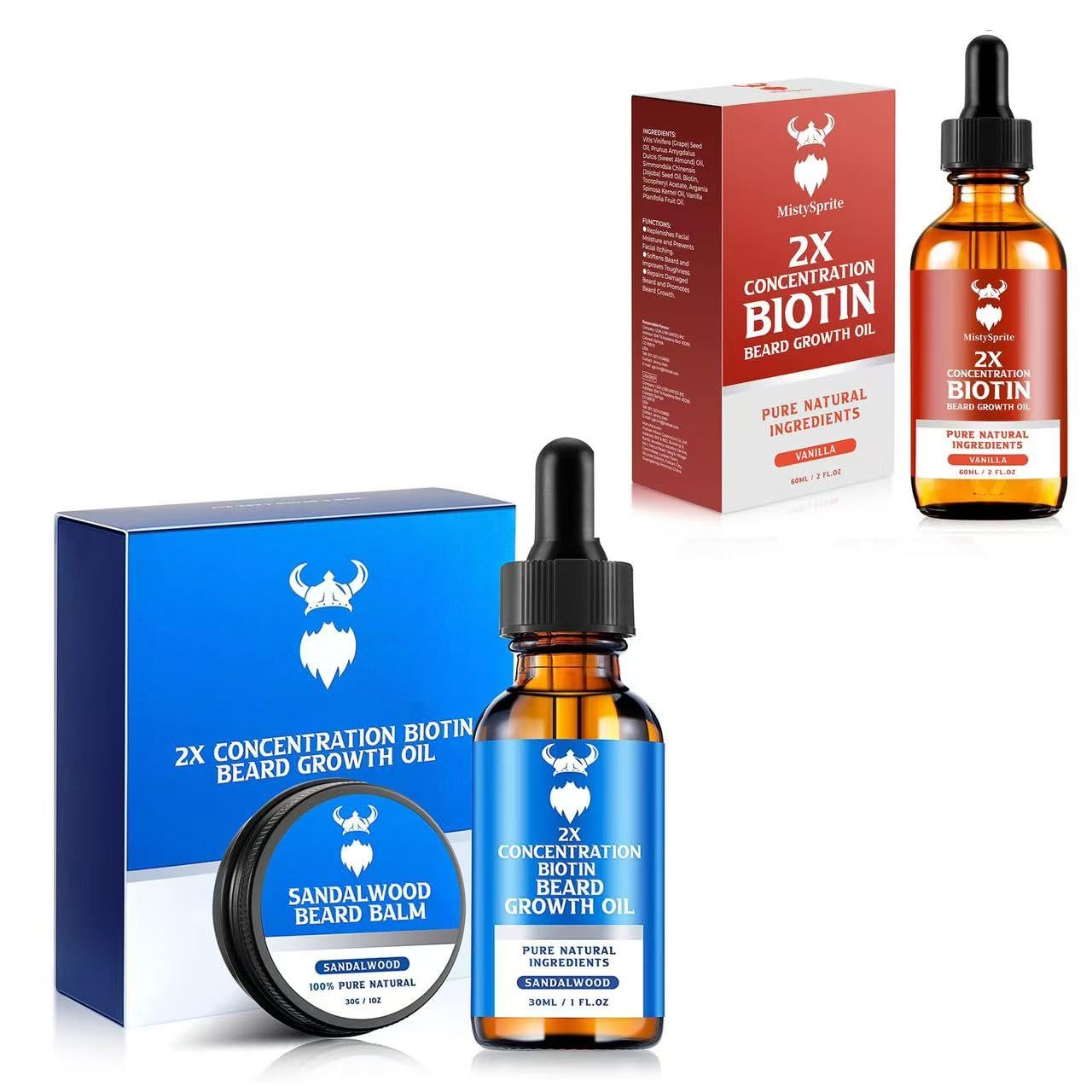 MistySprite Sandalwood Beard Growth Kit with 2X Biotin for Men and Vanilla Beard Growth Oil，Natural Ingredients & Thickens Facial Hair Growth