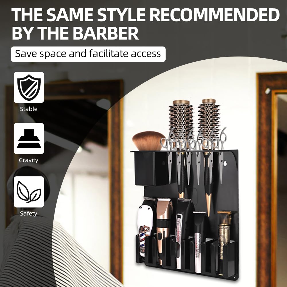 Clipper Holders Barbers Organizer, 13" x 12" x 3" Wall-Mounted Multi-Functional Hair Styling Tool Storage Stand for Clipper, Scissors, Comb, Curling Irons - for Salon, Home Bathrooms, with Screws Kit