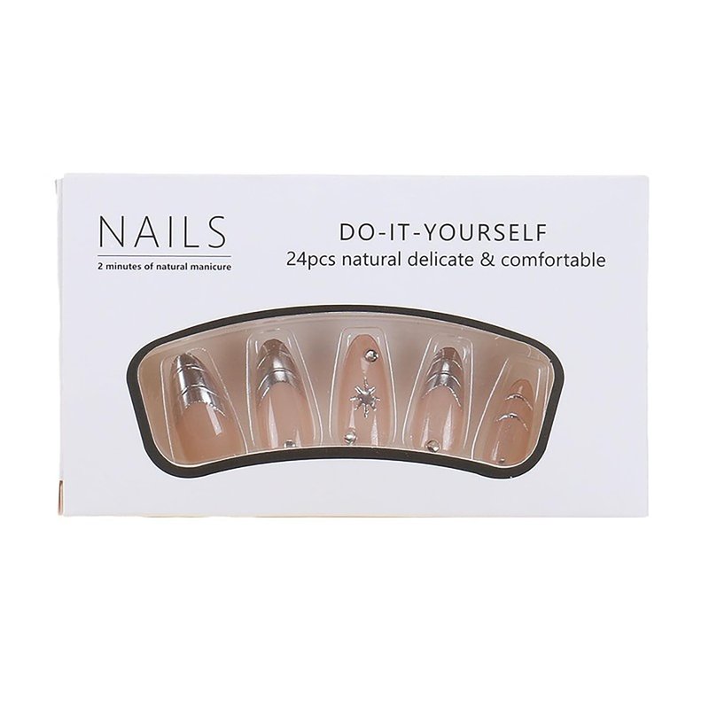 French Tip Press-On Nails - 24Pcs Medium Almond Silver Design | Glossy Full Cover Acrylic with Diamond Accents